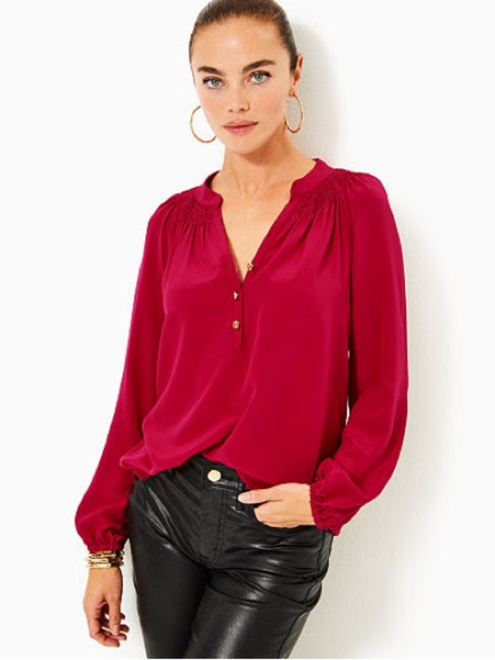 Lilly Pulitzer Elsa Silk Long Sleeve Blouse XL Malbec Red
